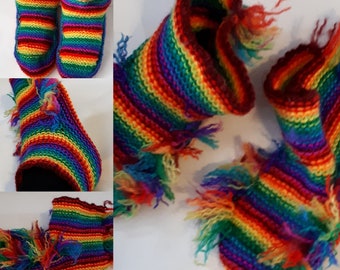 Hand knitted Hippy Boho Tassle fringe Rainbow baby babies adult ladies reversible booties socks slippers