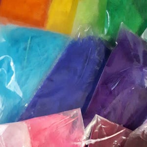 Può includere: Una collezione di singoli sacchetti di plastica trasparente riempiti con piume morbide e soffici in un vibrante spettro di colori tra cui rosso, arancione, giallo, verde, azzurro, blu scuro, viola, rosa e bordeaux, disposti in strati.