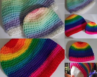 Cappello arcobaleno all'uncinetto unicorno luminoso strisce pastello neonati bambini adulti orgoglio festival hippy boho berretto tam cap