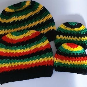 Crocheted Rasta stripe beanie hat beret reggae Jamaica slouchy Tam T tea cosy adult baby infant cap