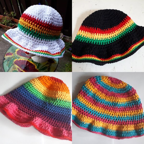 Crocheted cotton bucket sun hat rasta reggae rainbow pansexual striped slouchy brimmed Tam
