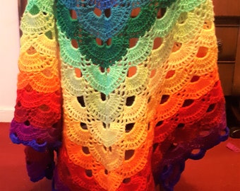 large Crocheted Rainbow stripe Shawl lacey Virus pattern Wrap shrug scarf