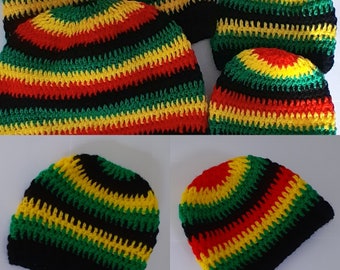 Crocheted Rasta stripe beanie hat beret reggae Jamaica slouchy Tam T tea cosy adult baby infant cap