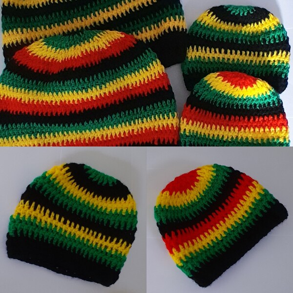 Hand Crocheted Rasta Beanie - Black Cotton Kufi Style Hat