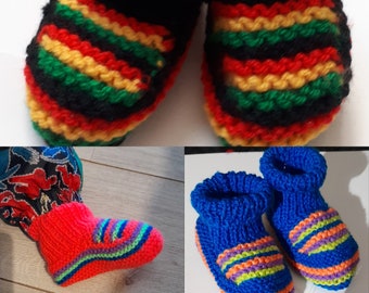 Hand Knitted Rasta baby Booties Jamaica Reggae Rastafarian wavey stripe babies boots infant adult slipper socks + neon