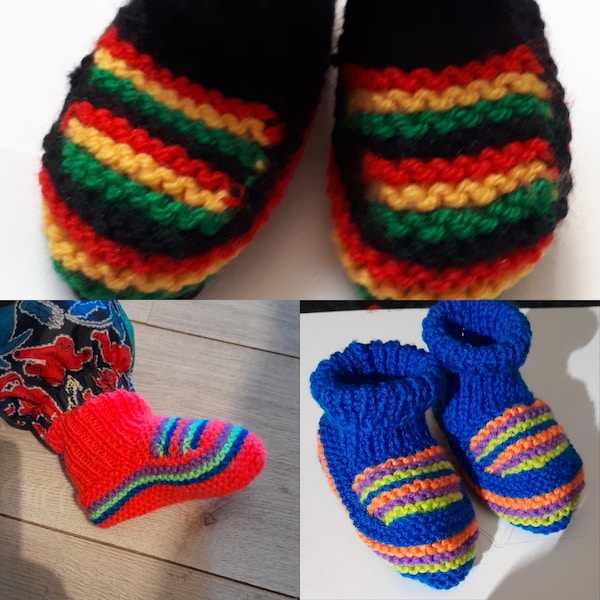 Hand Knitted Rasta baby Booties Jamaica Reggae Rastafarian wavey stripe babies boots infant adult slipper socks + neon