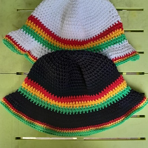 Crocheted cotton bucket hat sunhat rasta Jamaica Ethiopian reggae striped slouchy brimmed Tam