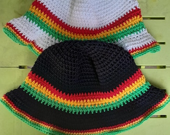 Sombrero de cubo de algodón tejido a crochet, sombrero de sol de verano, rasta jamaicano, etíope, reggae, a rayas, ala ancha.