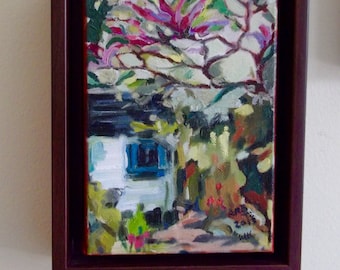 Garden Shed 1. Oil on gallery canvas. Original. Framed (unframed less 10 percent). Or buy all three framed and get 10% off!