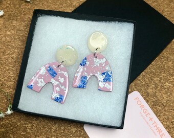 Pink and blue and silver arch earrings | Polymer clay | gifts for her
