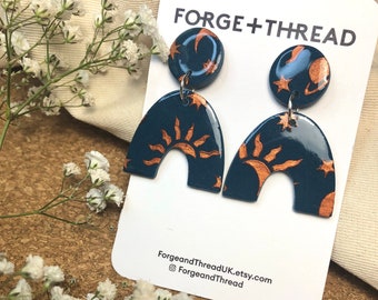 Hand-painted Blue and Copper Night Sky Arch Earrings | Statement Dangle | Gifts for Her