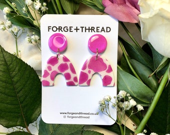 Metallic Pink Cow Pattern Arch Earrings | Statement Dangle | Gifts for Her