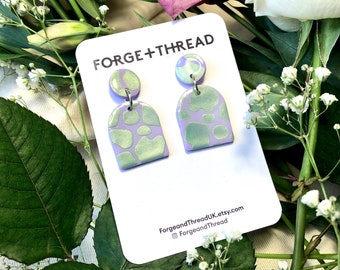 Lilac and Green Space Cow print small arch earrings | Polymer clay | gifts for her