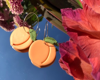 Peach fruit hoop earrings | polymer clay | fruit designs