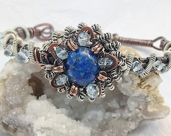 Solstice Star Copper Sterling Silver Lapis Wirewrap Ladies Bracelet