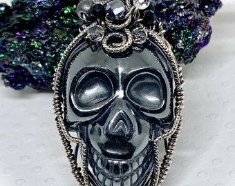 Royal Bones Sterling Silver Wirewrap Carved Hematite Skull Pendant