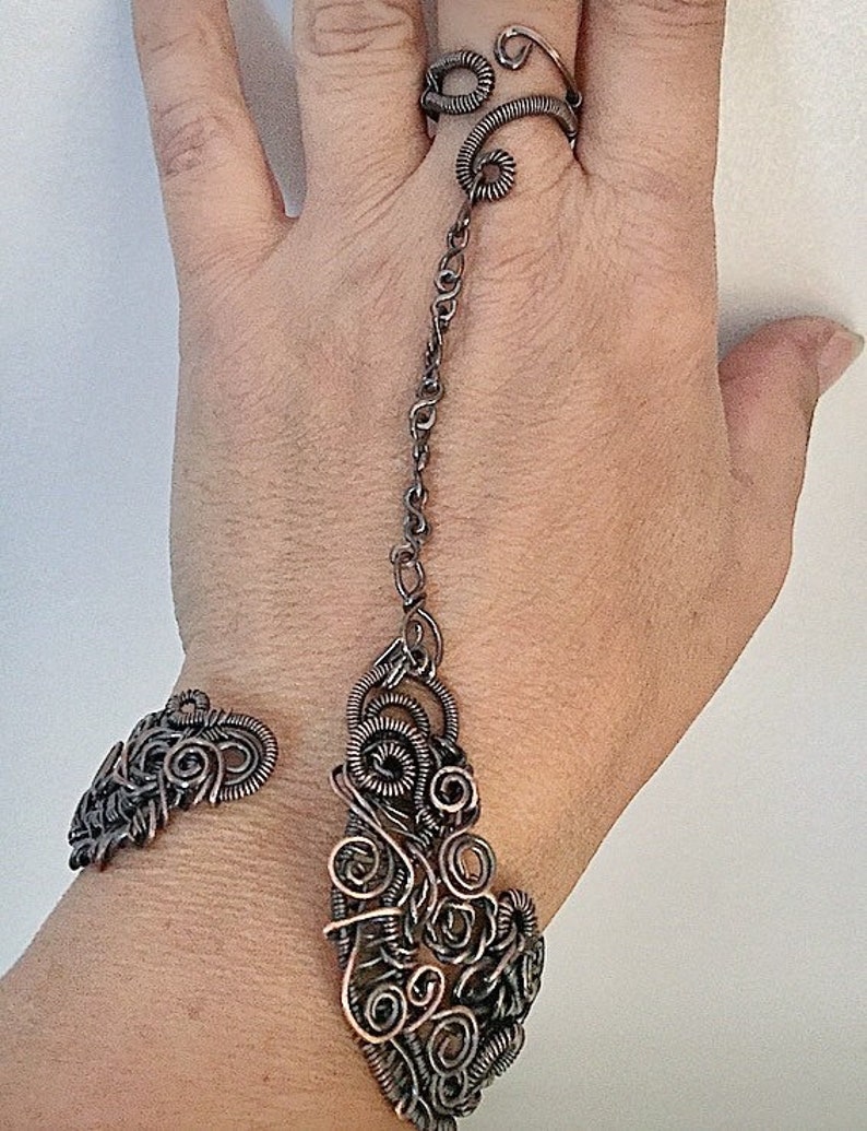 Adagio Bracelet Ring Combo w Removable Ring Copper Wirewrap Bohemian