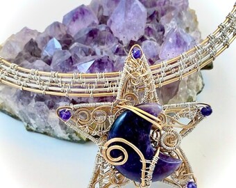 Sorceress Sterling Silver Bronze Amethyst Star Moon Handmade Collar