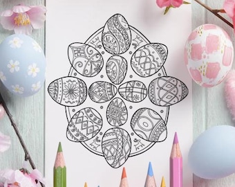 Pysanka Ukrainian Easter Eggs, Hand-Drawn Printable Coloring Page for Adults | Easter Adult Coloring Page, Instant Digital Download