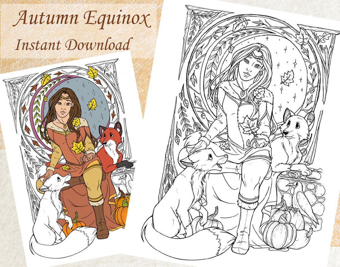 Autumn Equinox Fall Adult Coloring Page Digital Printable | Etsy