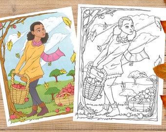 Apple Picking Harvest Scene, Fall Autumn Coloring Page for Kids and Adults | Digital, Printable, Instant download
