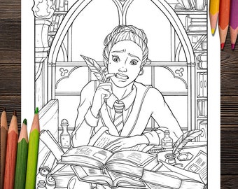Witch in Library Studying with Books, A Halloween Coloring Page for Kids and Adults | Digital, Printable, Instant download
