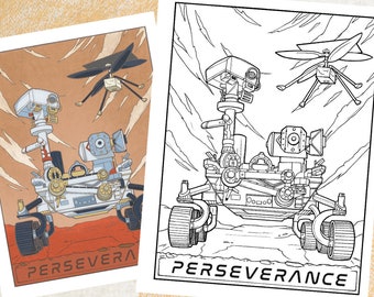 Mars Perseverance Rover & Ingenuity Helicopter, Space Science Tech Coloring Page for Teens and Adults | Digital, Printable, Instant download