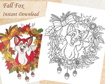 Fall Fox, Fall Autumn Thanksgiving Coloring Page for Kids and Adults | Digital, Printable, Instant download