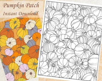 Pumpkin Patch, Fall Autumn Coloring Page for Kids and Adults | Digital, Printable, Instant download