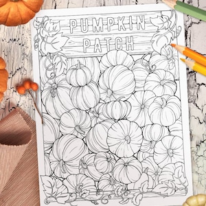 Puede incluir: Un dibujo en blanco y negro de un huerto de calabazas con un cartel que dice "Pumpkin Patch".