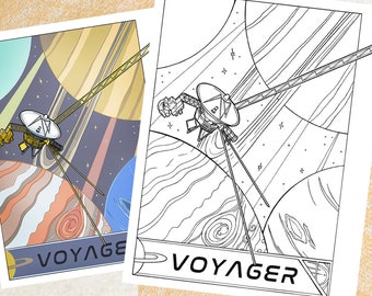 Voyager Spacecraft Art, A Space Coloring Page of the Solar System, for Teens and Adults | Digital, Printable, Instant download