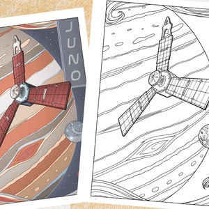 Juno Spacecraft Orbiting Jupiter - A Space Science Coloring Page for All Ages, Kids and Adults | Digital, Printable Instant Download