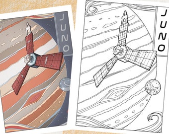 Juno Spacecraft Orbiting Jupiter - A Space Science Coloring Page for All Ages, Kids and Adults | Digital, Printable Instant Download