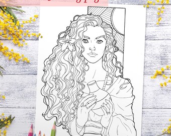 Beautiful Curly Hair Woman Holding Jar, Coloring Page for Adults | Coloring Sheet for Adults, Instant Printable Digital Download