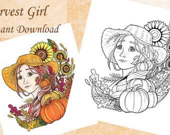 Harvest Girl, Fall Autumn Thanksgiving Coloring Page | Digital, Printable, Instant download