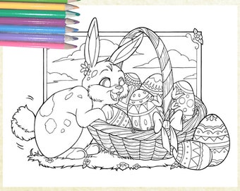 Cute Easter Bunny and Basket, Hand-Drawn Printable Coloring Sheet for Teens and Adults | Easter Eggs Coloring Page, Instant Digital Download