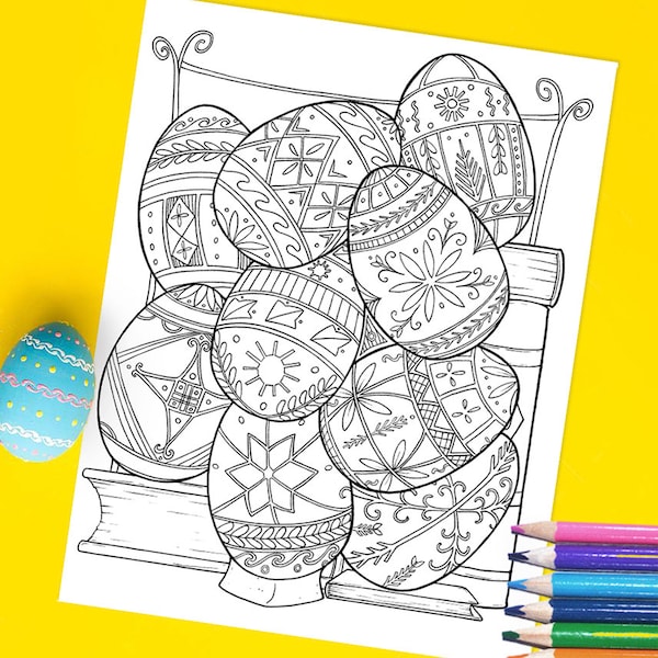 Pysanka Ukrainian Easter Eggs, Hand-Drawn Printable Coloring Page for Adults | Instant Digital Download