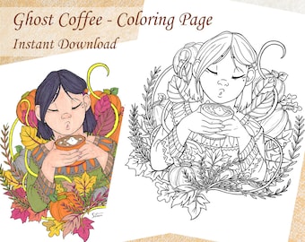 Ghost Hot Chocolate Girl, Fall Autumn Coloring Page | Digital, Printable, Instant download