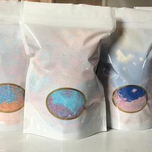 Different scented large 12 ounce oopsy broken bombs lots of scents and colors, big bubbly bath bomb dust, bath fizzy, fizzy bath candy