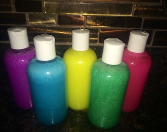 Sparkles and Glitter scented Bubble Bath and body gel, 5 bottle set, 4 ounce body wash, squeeze top bottle glitter wash, Easter colored