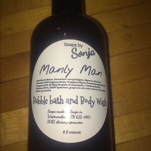 Manly-man Bubble Bath and body wash for men, bubbly bubble bath, 16 ounce bottle, bubbles, strong scented wash, vanilla woods scent image 6