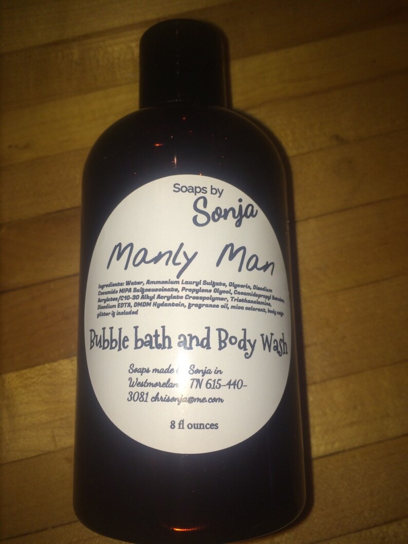 Manly-man Bubble Bath and body wash for men, bubbly bubble bath, 16 ounce bottle, bubbles, strong scented wash, vanilla woods scent image 6