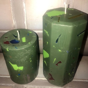 Wickedly green Scented 3 inch wide and 4 inch tall pillar candle, dark green, army green, multi colored, fireside scent, chunk candle, pilla