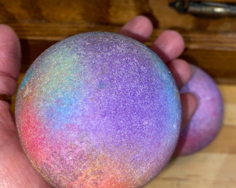 Large sphere 3 inch rainbow colored bath bomb, strong scent,  lavender and peach scented big bubbly bath bomb, big bath fiz