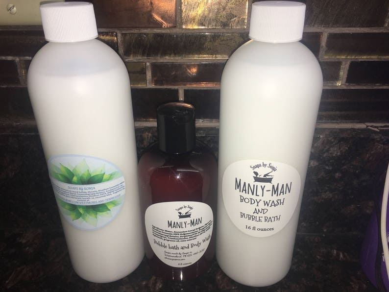 Manly-man Bubble Bath and body wash for men, bubbly bubble bath, 16 ounce bottle, bubbles, strong scented wash, vanilla woods scent image 3