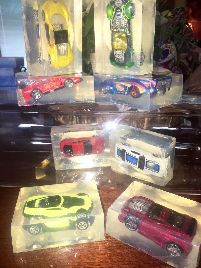 Car soap bar, car inside soap, kids soap bar, diecast car, clear soap bar, UNSCENTED image 1