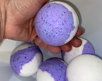 Large 2 1/4 inch purple and white colored bath bomb, strong scent,  blueberry lemon verbena scented big bubbly bath bomb, big bath fiz