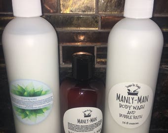 Manly-man Bubble Bath and body wash for men, bubbly bubble bath, 8 ounce bottle, bubbles, strong scented wash, vanilla woods scent