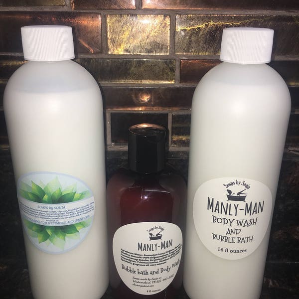 Manly-man Bubble Bath and body wash for men, bubbly bubble bath, 16 ounce bottle, bubbles, strong scented wash, vanilla woods scent