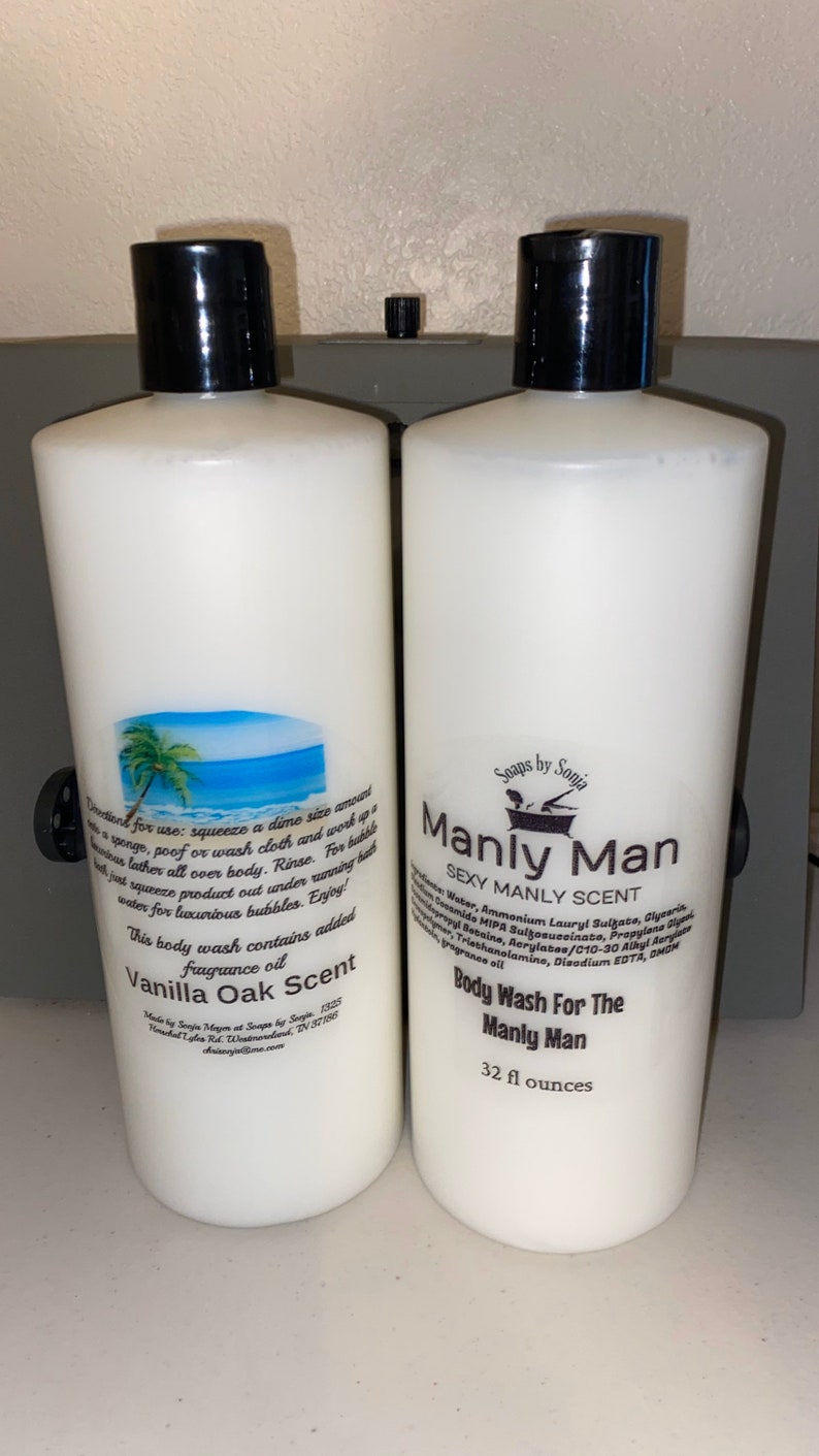 Manly-man Bubble Bath and body wash for men, bubbly bubble bath, 16 ounce bottle, bubbles, strong scented wash, vanilla woods scent image 2